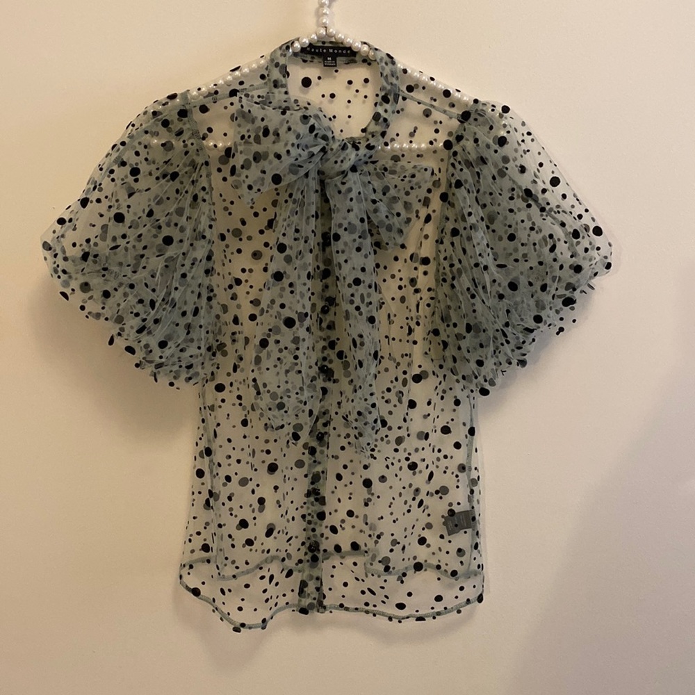 🍎Haute Monde Sheer Polka Dot Top ~ Black Buttons ~ Size M